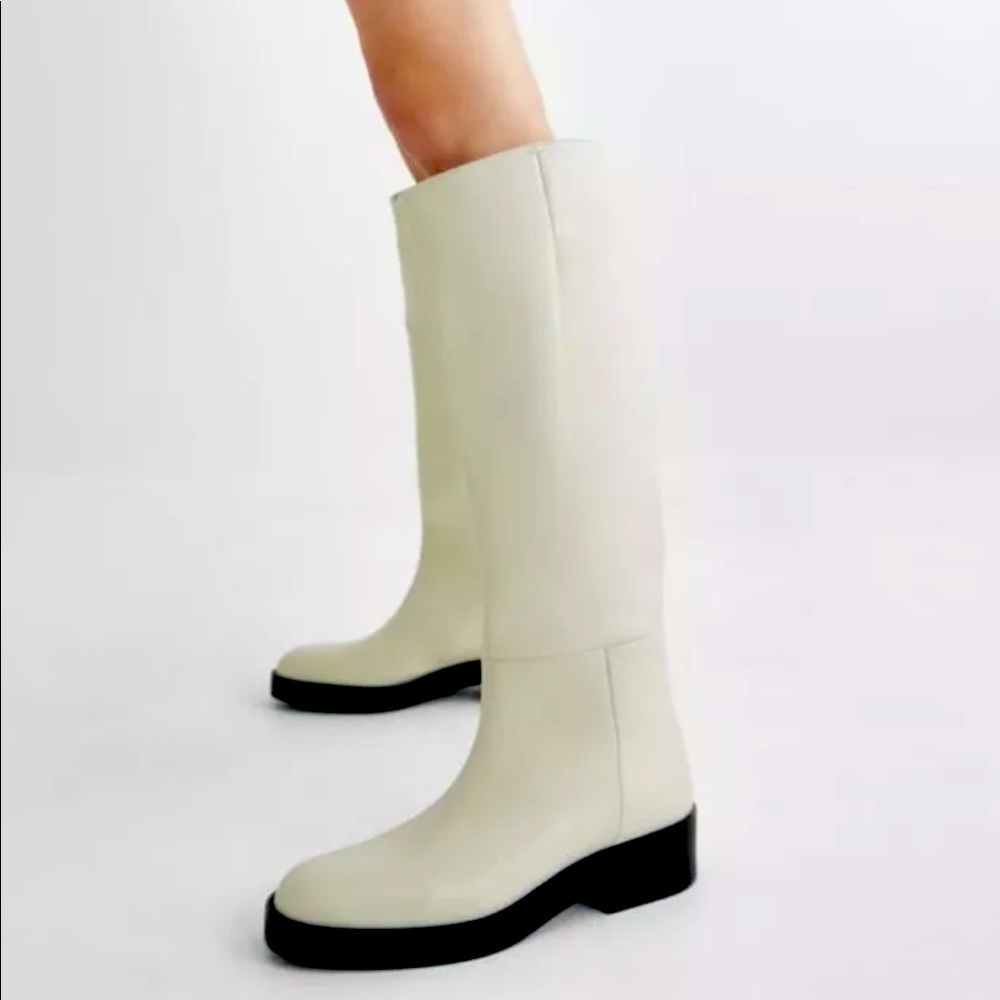ZARA FLAT LEATHER BOOT ECRU WHITE ROUNDED TOE CONTRAST SOLE NEW 36 6